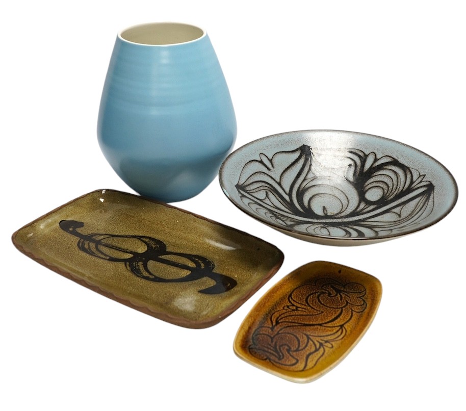 A Poole pottery Aegean ware bowl and dish, a light blue glazed vase and a John Harlow stoneware dish, vase 21cm. Condition - good